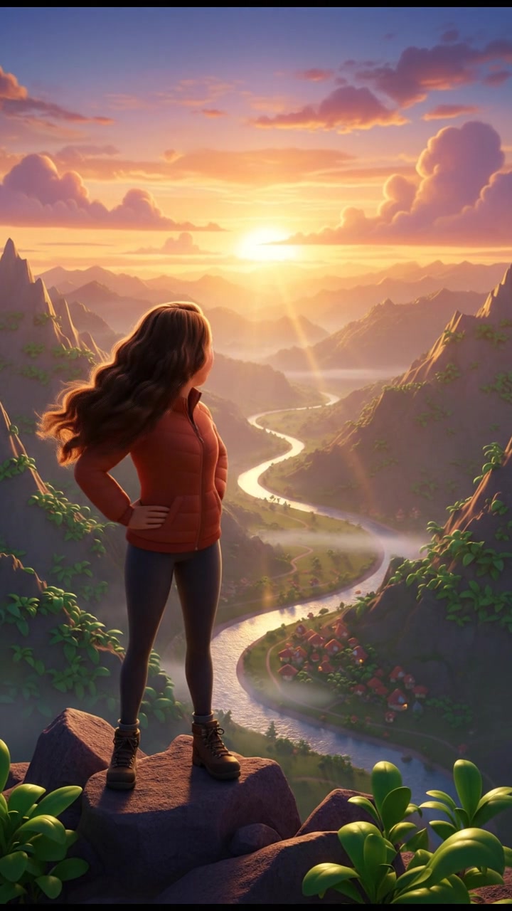 Maya, standing on a mountain peak, looks determined as she gazes at the sunrise illuminating the valley.