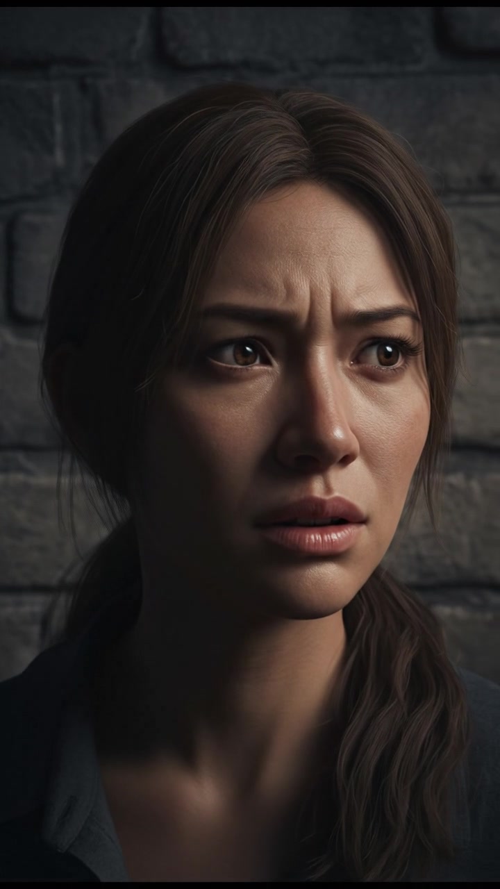 A close-up of Mei's face showing uncertainty as she listens to strange noises.