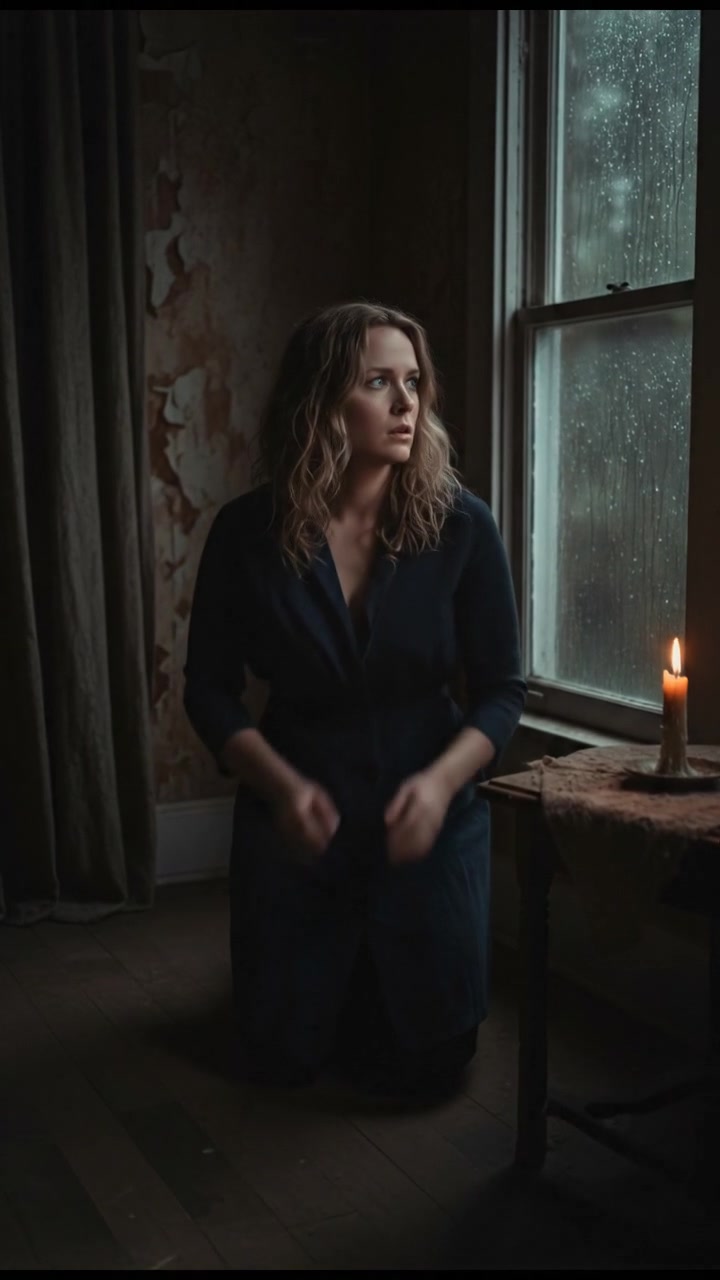 Ashley holding her phone tightly, glancing nervously at the window.