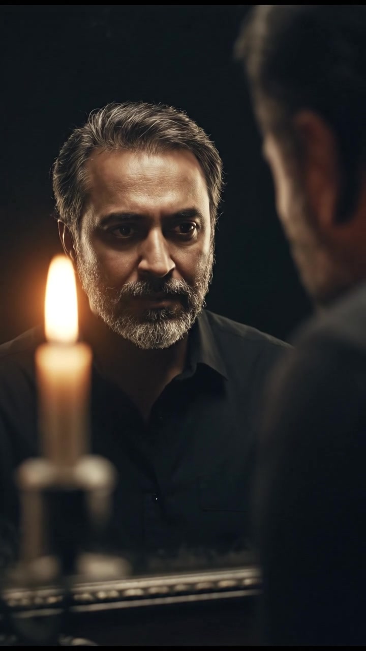 Raj gazing intently into the old mirror, his expression curious as he stands in front of it.