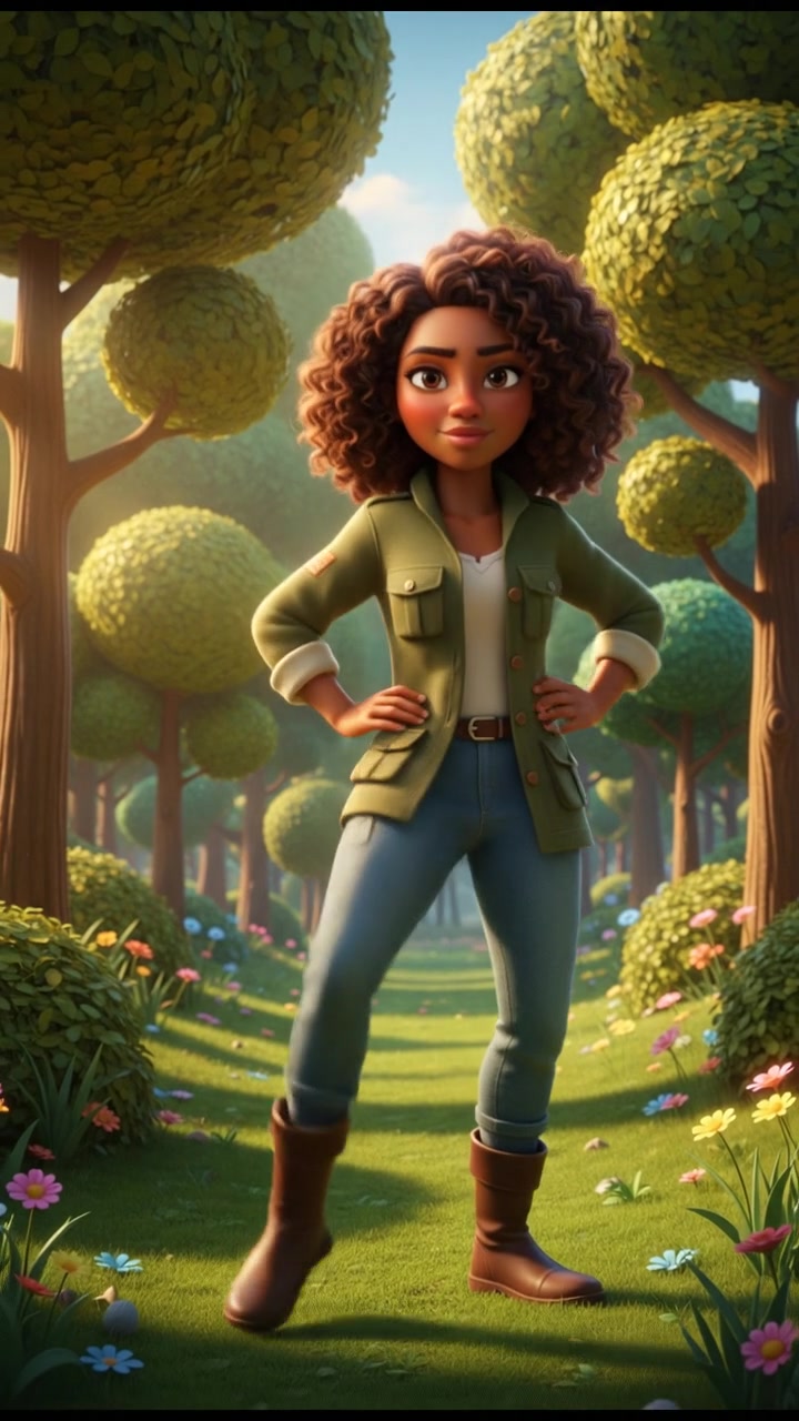 Nia standing confidently in a park, surrounded by trees, with a determined expression on her face.