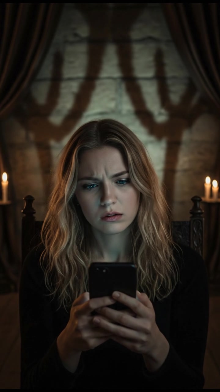 A close-up of Ashley's puzzled expression as she looks at her phone.
