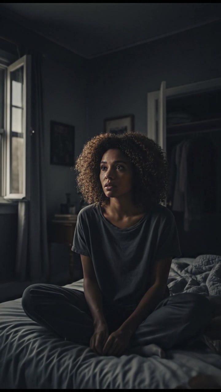 Nia sitting on her bed, looking around her dimly lit room, sensing unease.