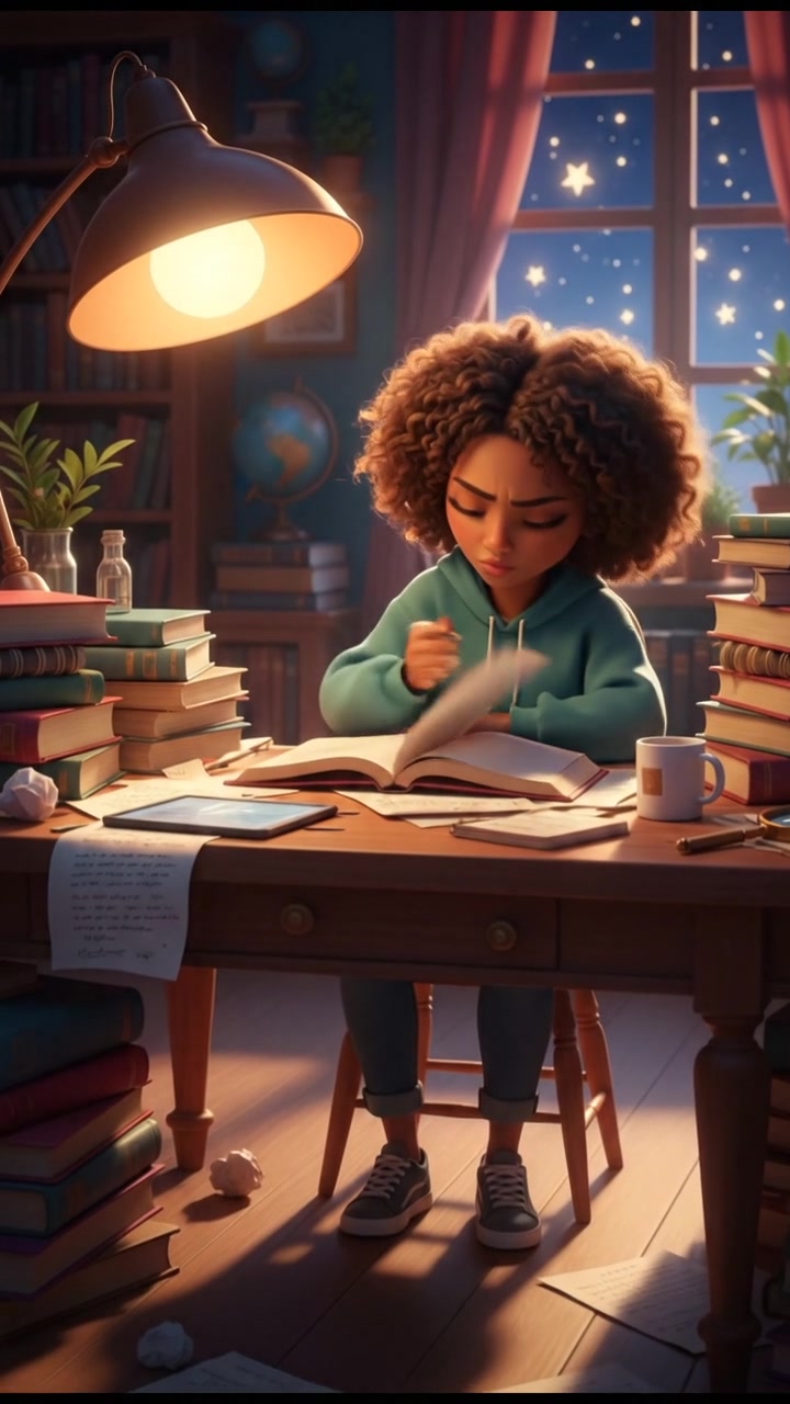 Nia, studying at a desk filled with textbooks and notes, looks determined.