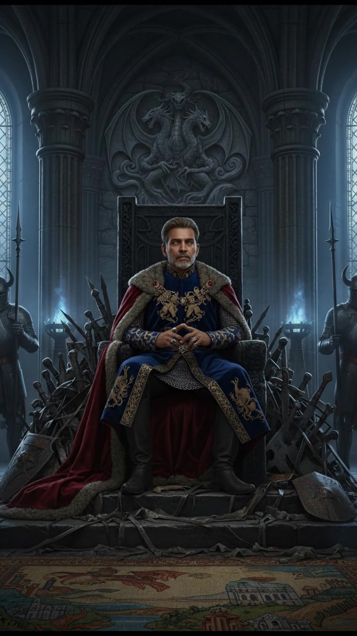 A majestic throne room with Raj sitting on his throne, wearing royal attire, looking thoughtfully.
