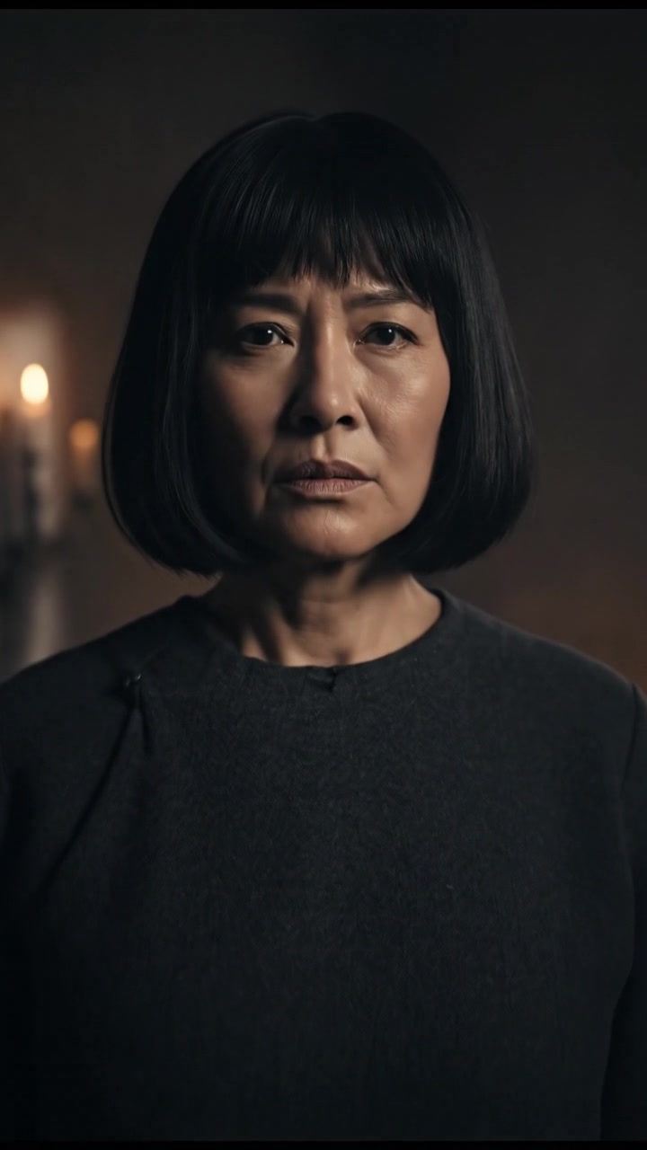 Li stands alone in a dimly lit room, her expression serious, with shadows dancing on the walls.