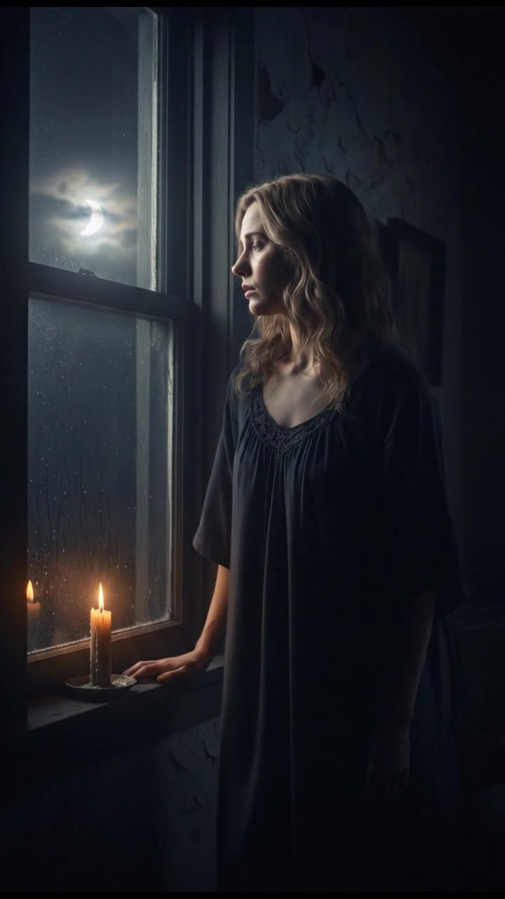 Ashley stands by an open window at night, looking out with a sorrowful expression as the moonlight shines in.
