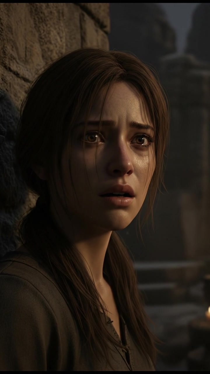 A close-up of Mei's frightened expression as she hears the breathing behind her.