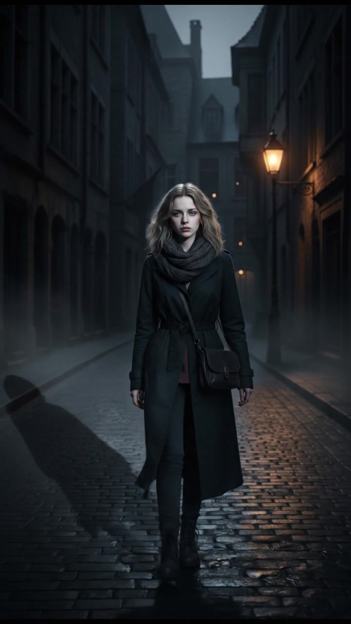 Ashley walking down a dimly lit street, her shadow stretching long behind her.