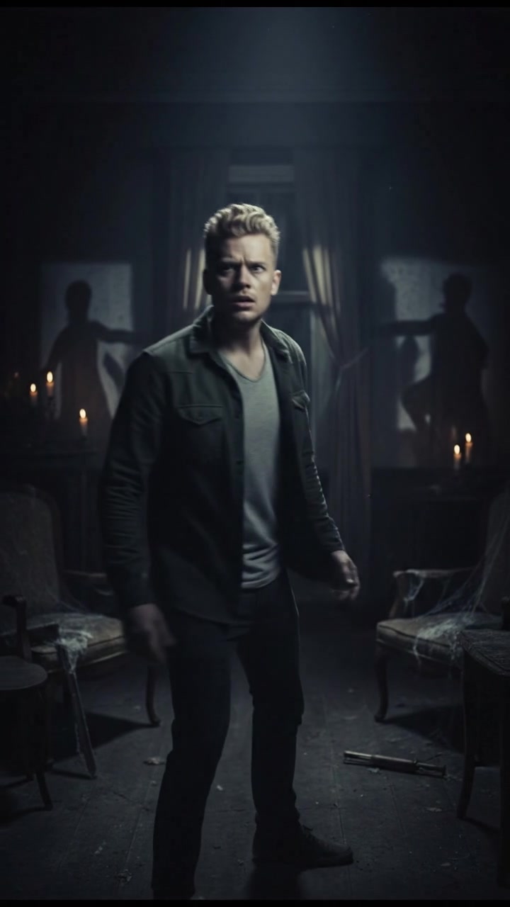 Ryan, looking scared, looks around a dimly lit room filled with shadows.