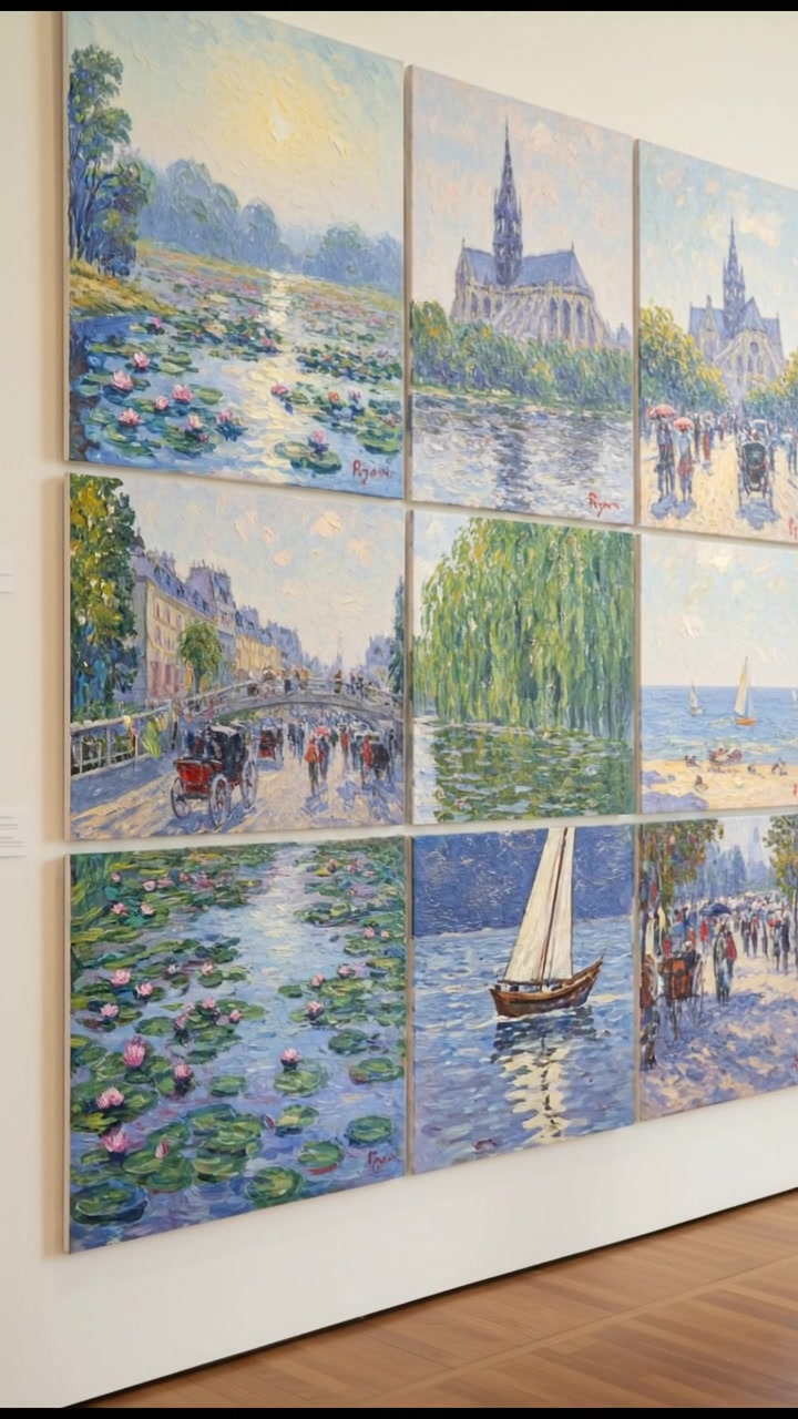 A montage of Ryan's paintings displayed on a gallery wall.