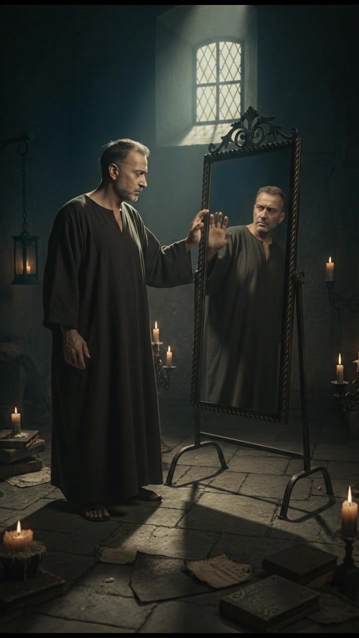 Omar standing in front of a mirror with a frown, questioning his reflection with uncertainty.