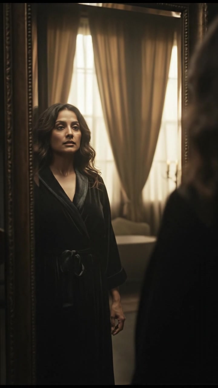 Asha standing in front of the mirror, looking puzzled at her motionless reflection.