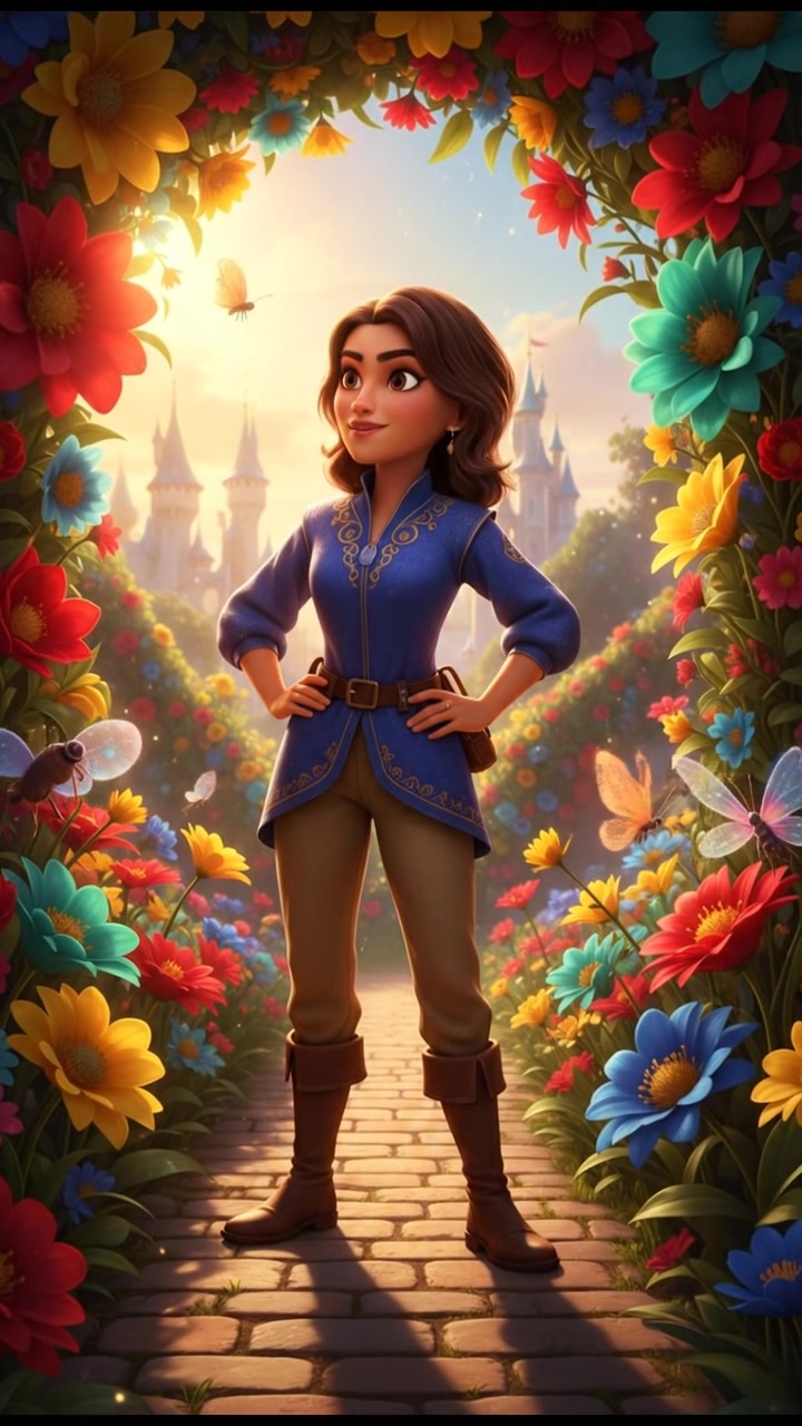 Laila standing, with a determined expression, in a sunlit garden, framed by blooming flowers.