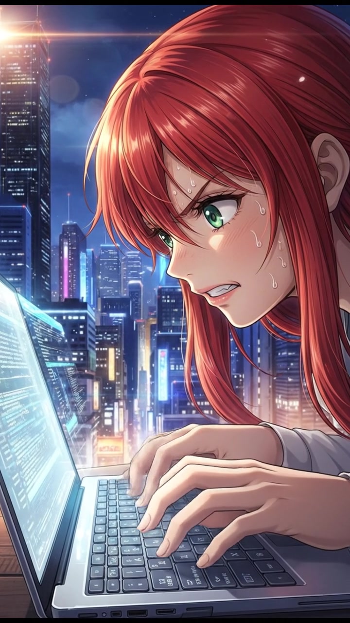 Close-up of Emma's hands typing rapidly on a laptop keyboard.