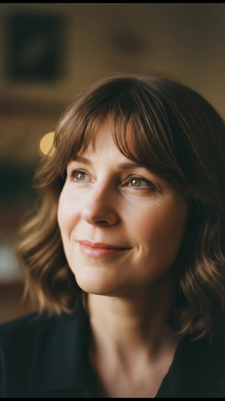 A close-up of Susan's thoughtful face, with a hint of nostalgia in her expression.