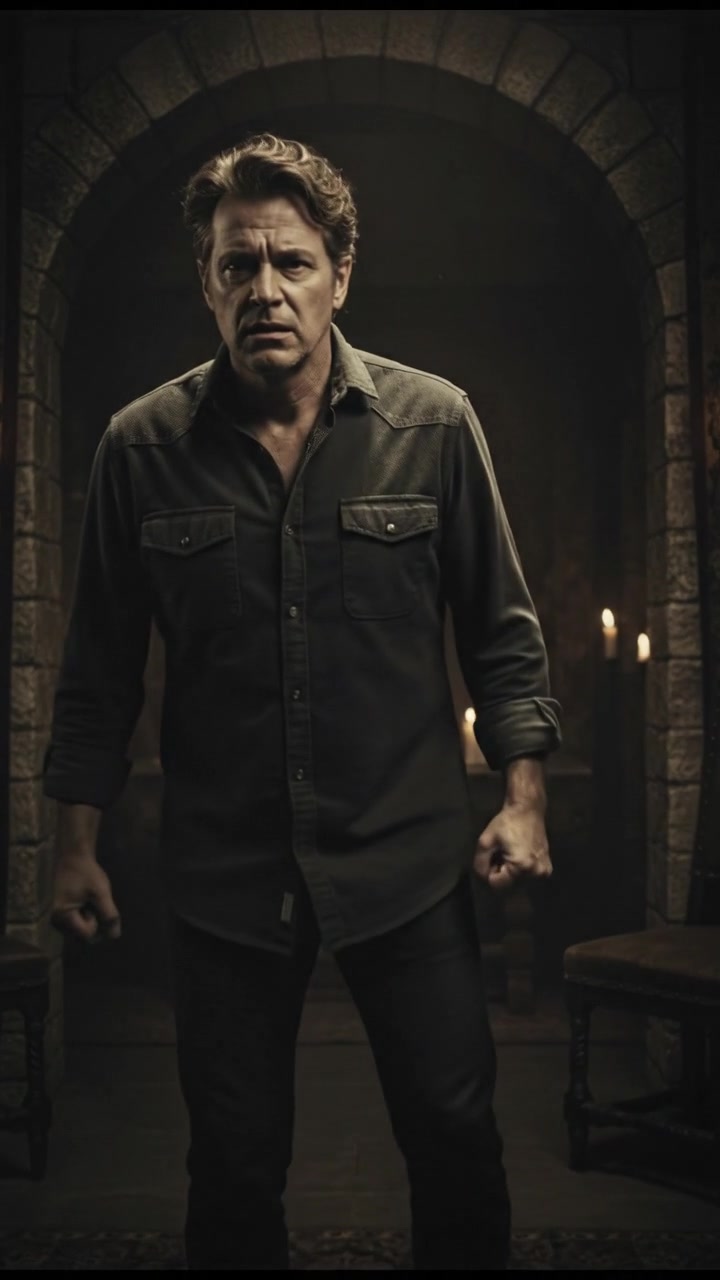 Mark standing in a dimly lit room, fists clenched, with a tense expression on his face.