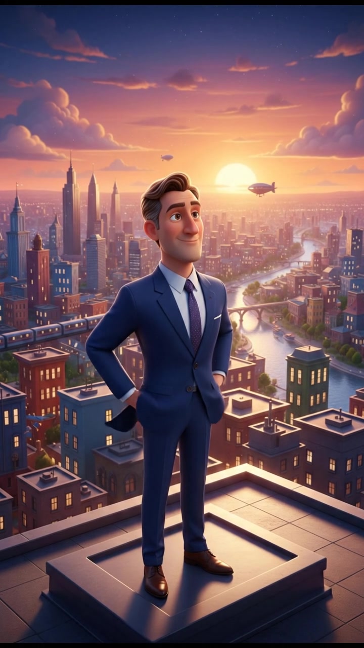 Mark, standing confidently on a rooftop, gazes out over the city skyline.