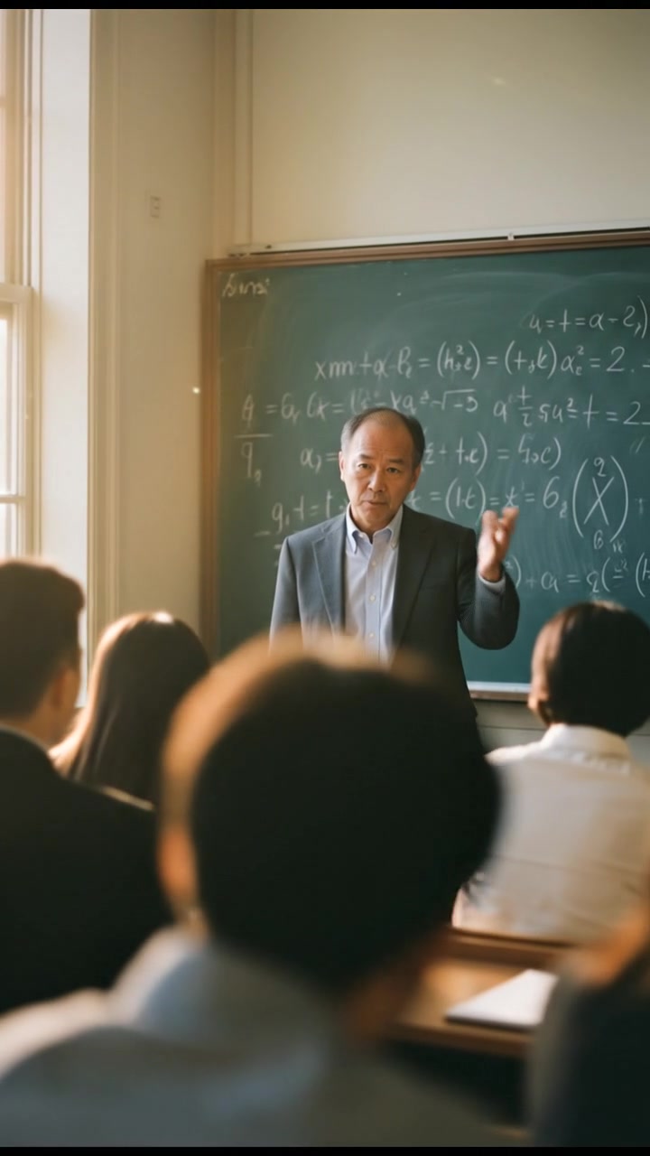 Hiro, with a serious expression, stands near a blackboard filled with equations, addressing the students.