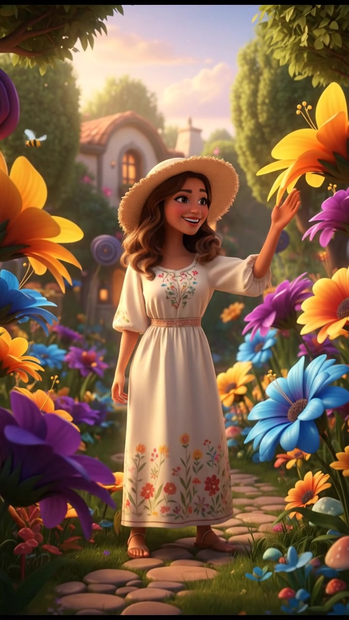 The Laila smiling brightly while gazing at blooming flowers in her garden.