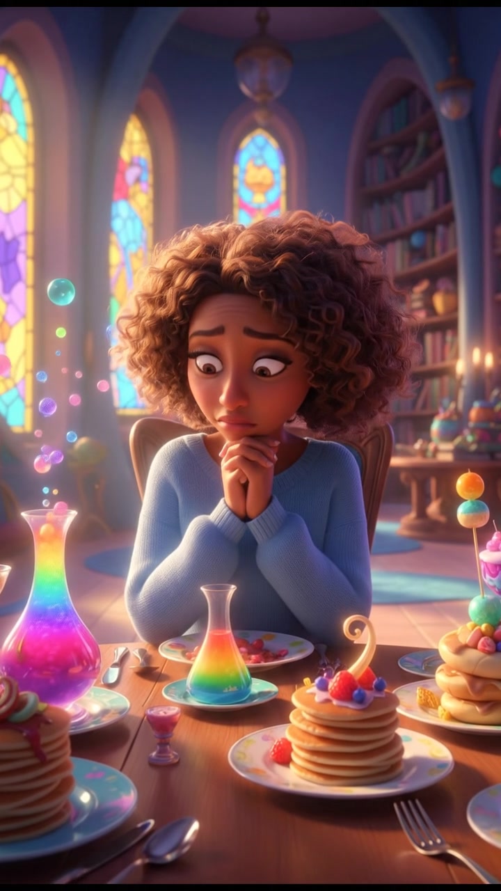 Nia with a surprised expression, sitting silently at the table, looking down at her hands.