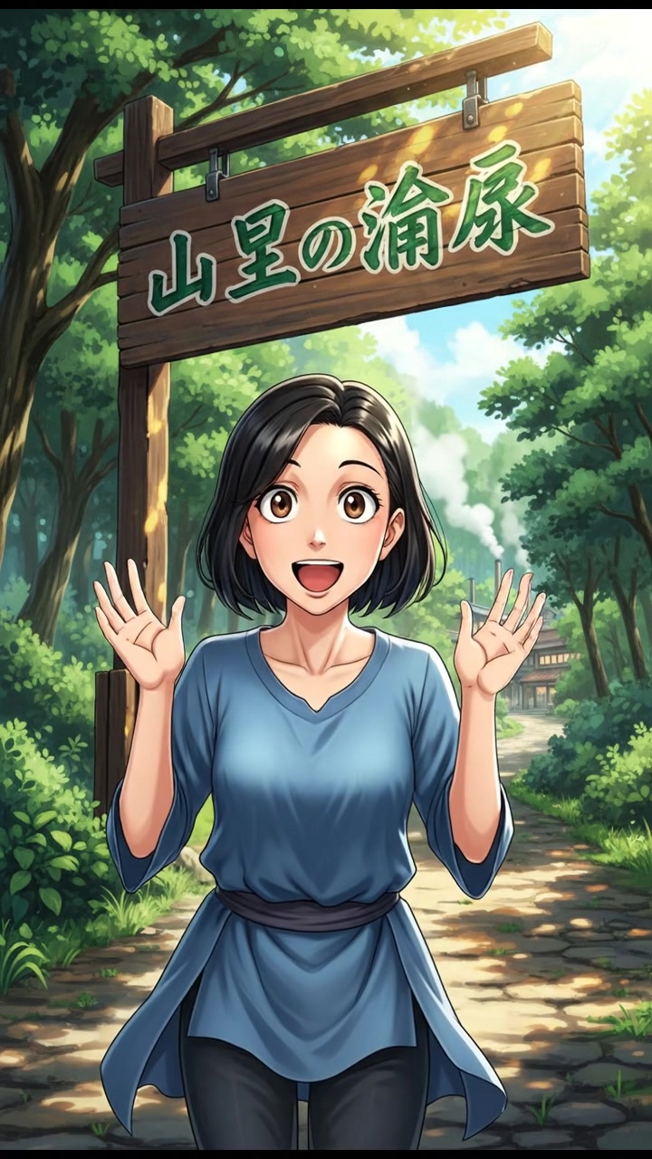 Li standing in front of the repaired sign, looking surprised and smiling, with trees in the background.