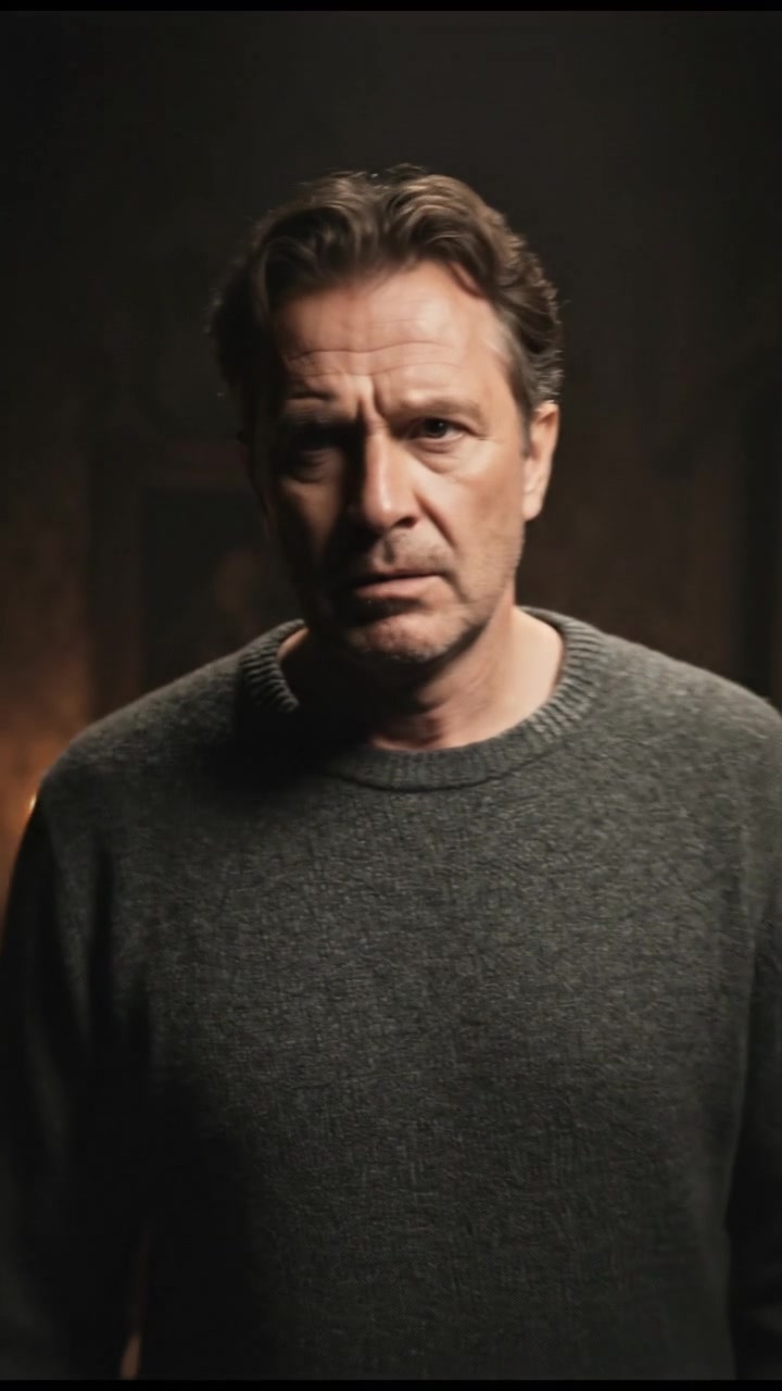 Mark stands in his living room, looking weary and slightly annoyed.