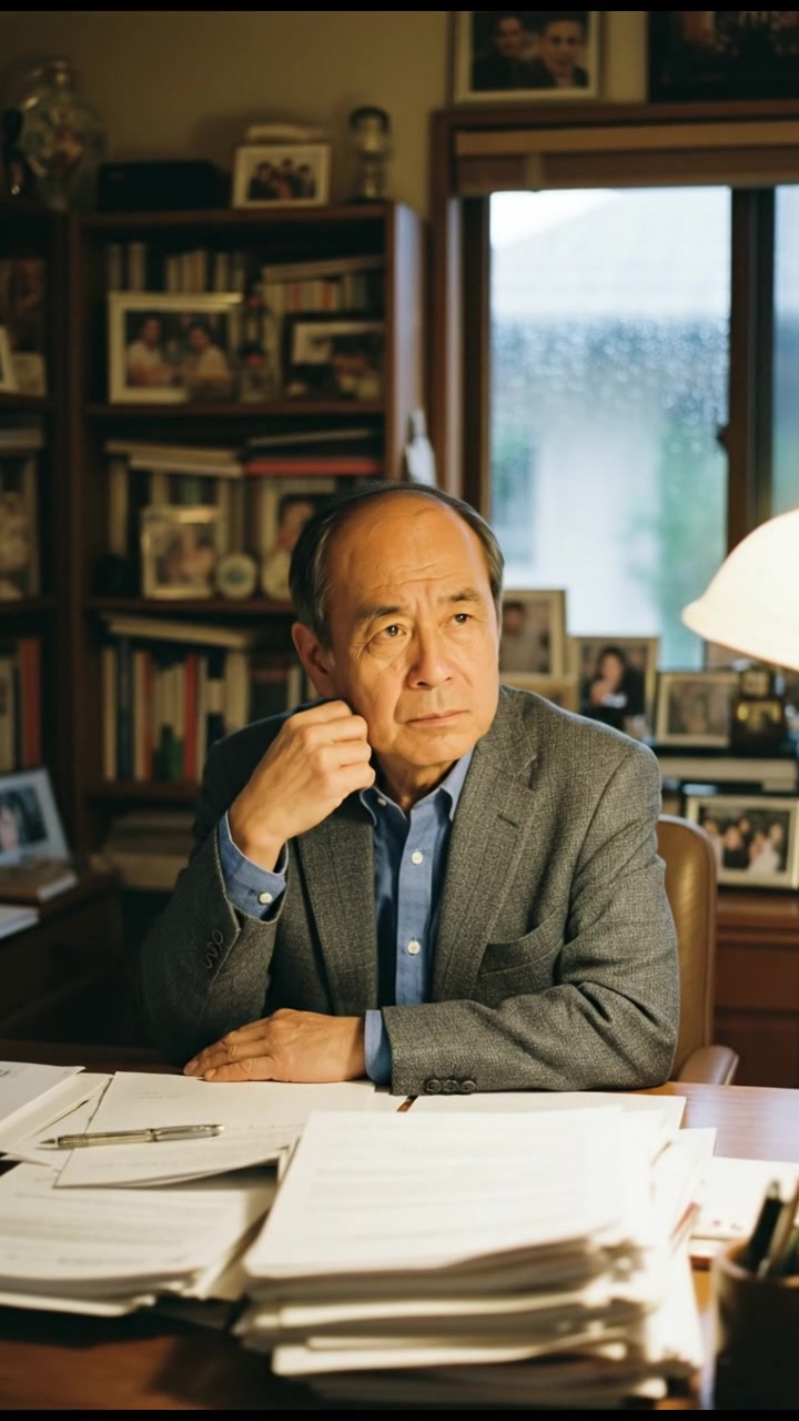 The Hiro is sitting at a desk in a cozy office, looking thoughtfully at a stack of papers.