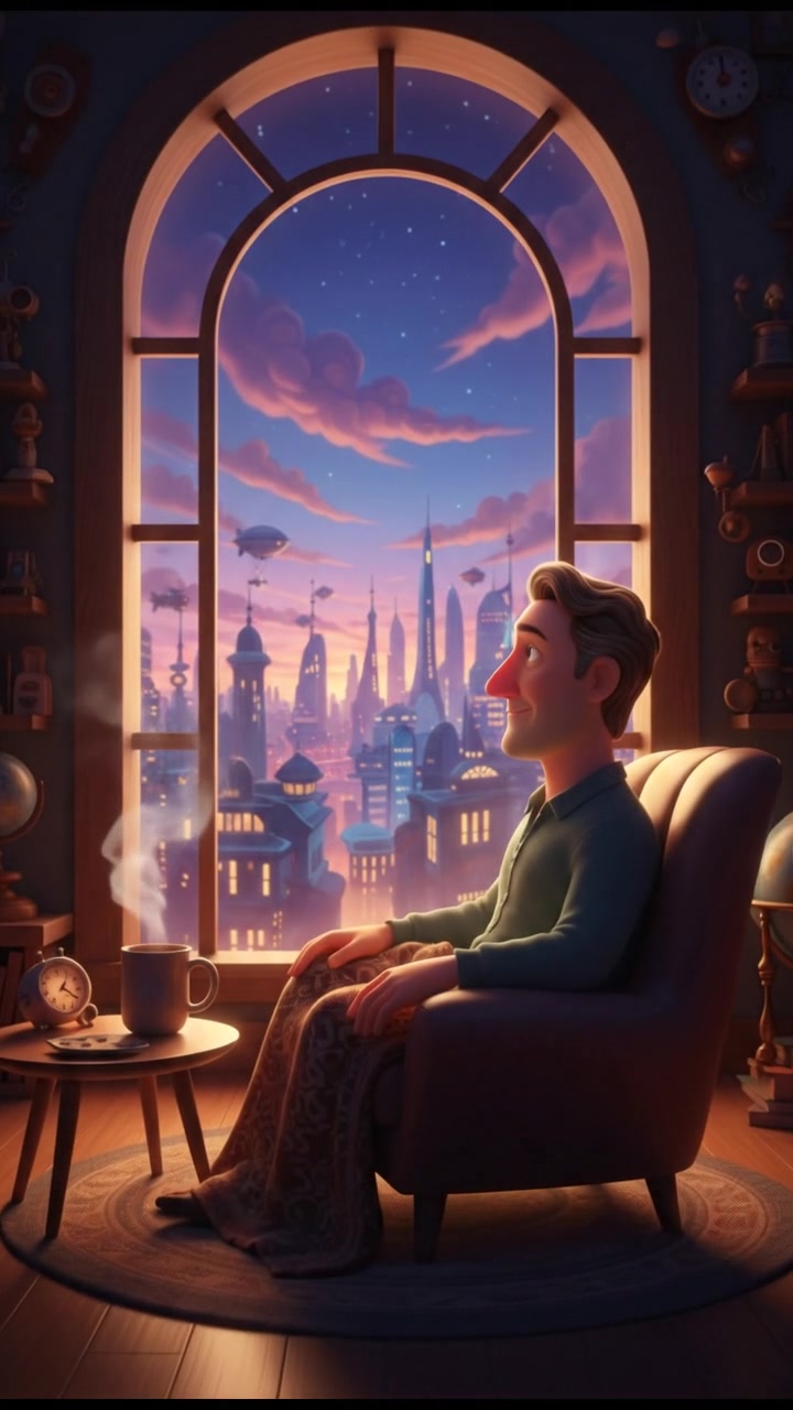 Mark sitting in a dimly lit room, looking out of a large window.