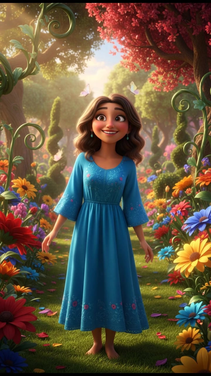 'Laila' smiling broadly in a sunlit park, with plants blooming around her.