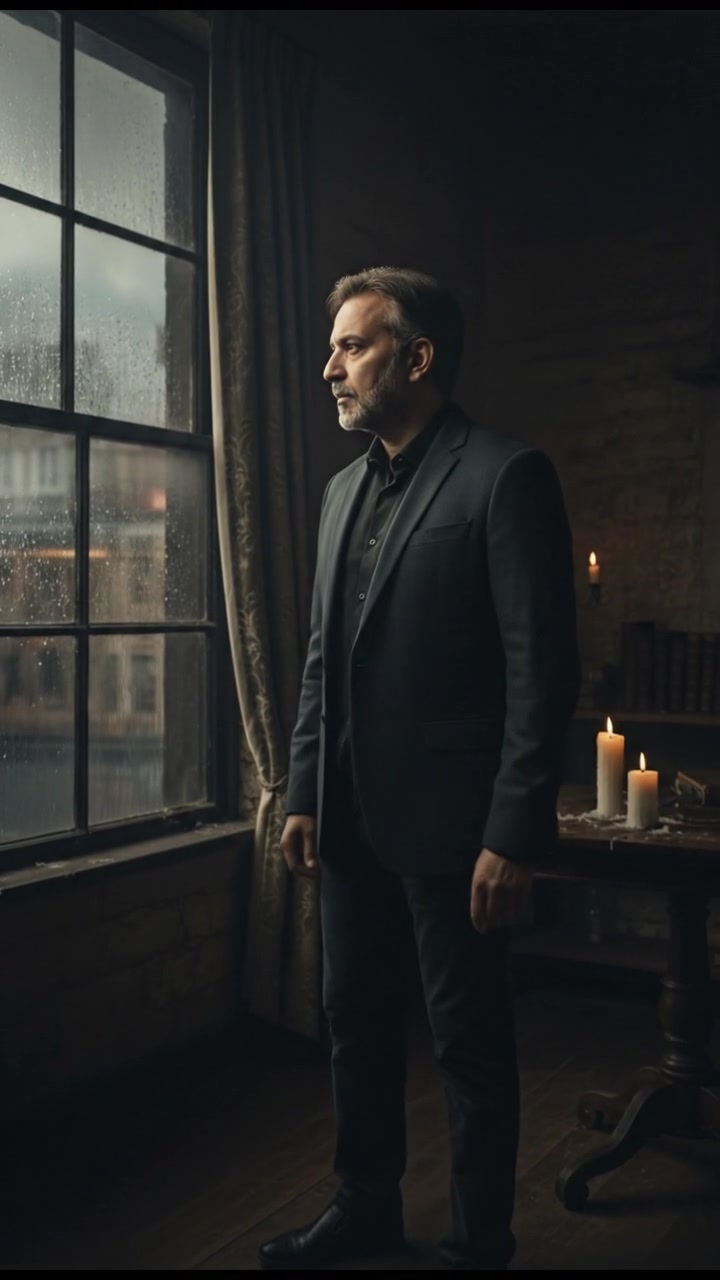 Raj stands in a dimly lit room, looking thoughtfully out of a window with rain falling.