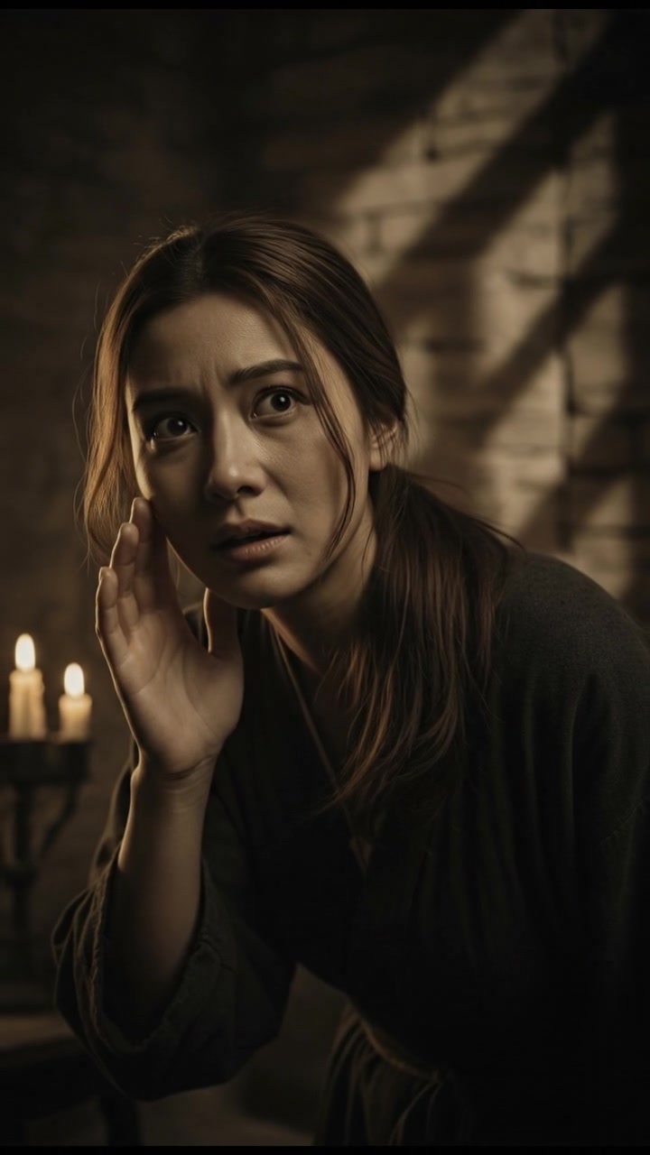 Close-up shot of Mei whispering nervously, her eyes darting around the room.