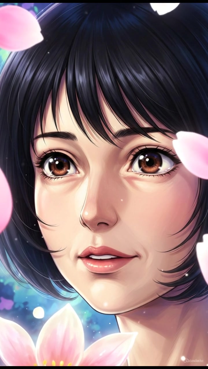 A close-up of Li's face illuminated by the light from the petal.