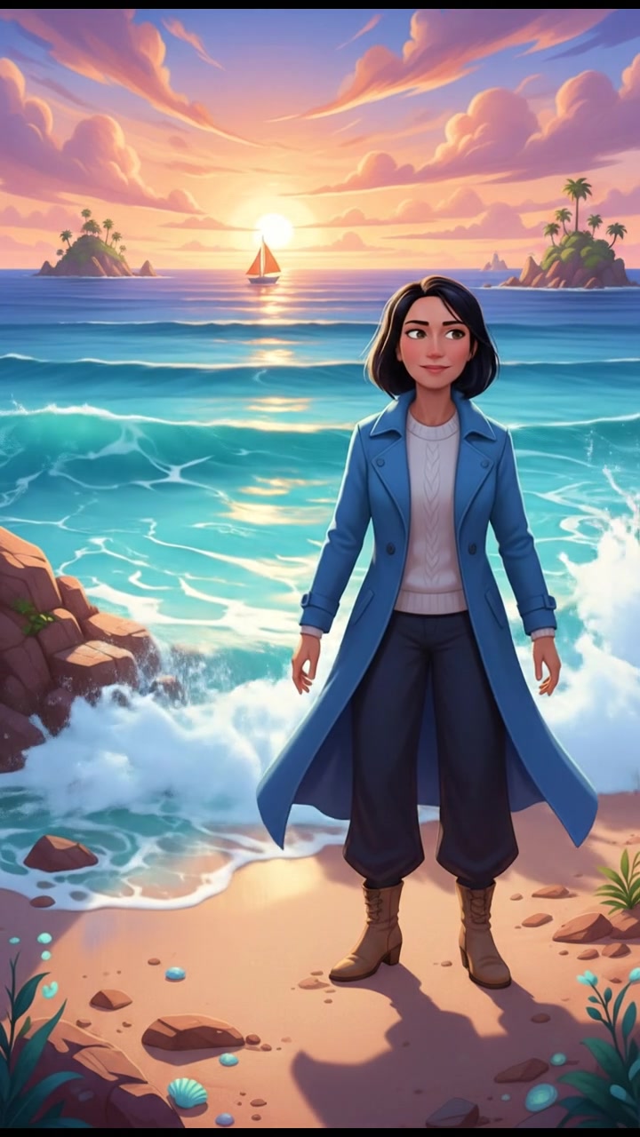 Li standing by the shore, looking out at the ocean with waves crashing.