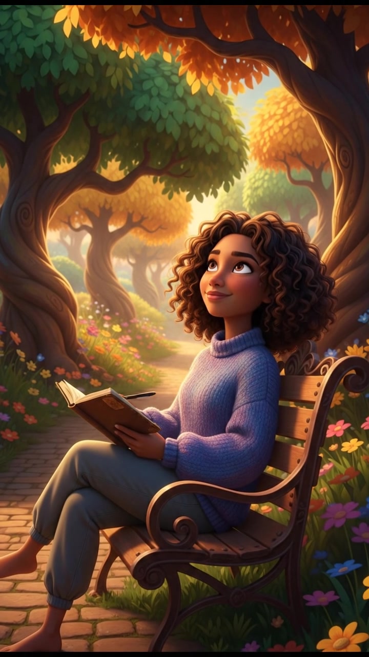 Nia sitting on a park bench, daydreaming, with a notebook in her hand and trees surrounding her.