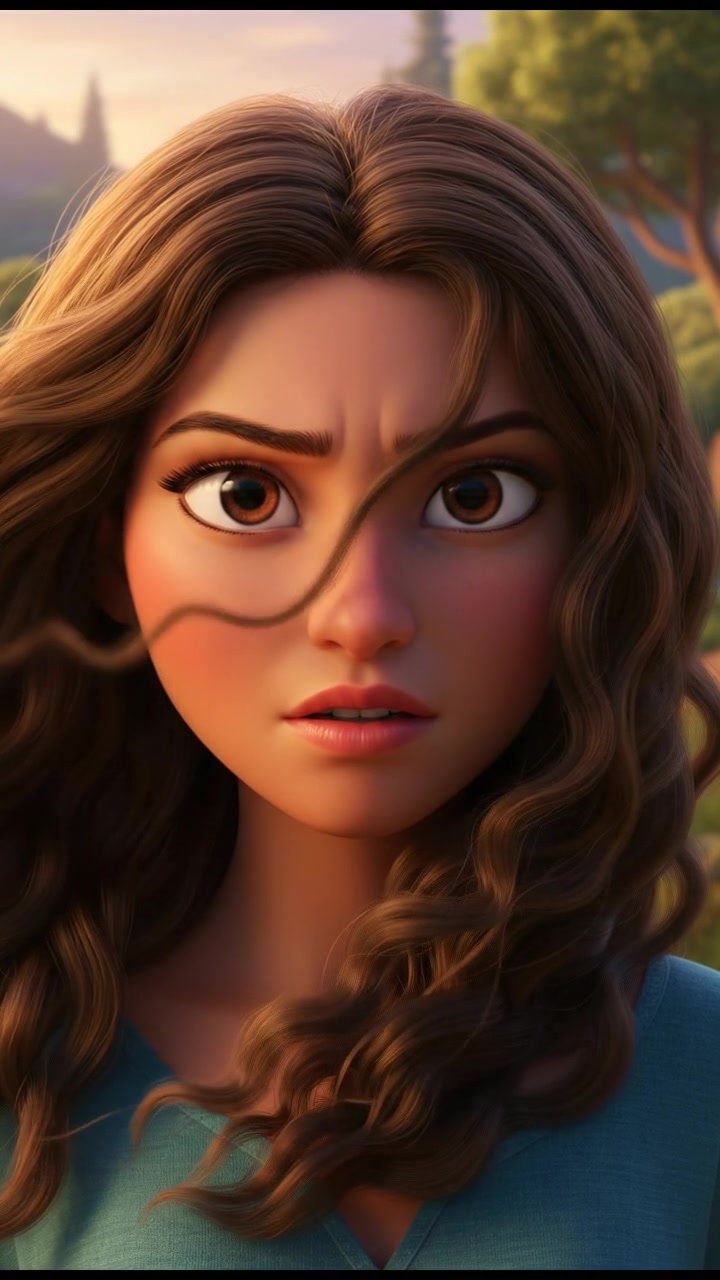 A close-up of Maya's face, her expression focused, with the wind gently blowing her loose curls.