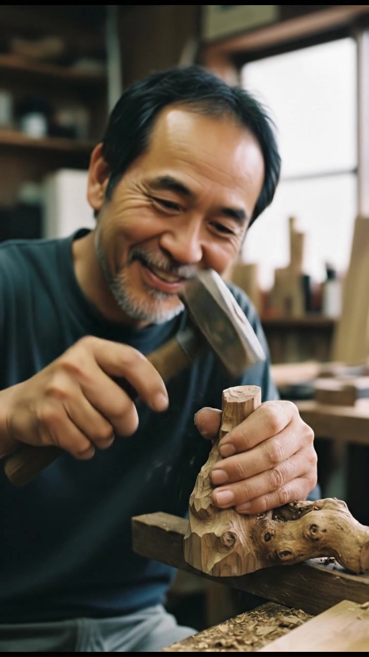 A close-up of Hiro's hands, worn and calloused, as he performs a laborious task with a faint smile.