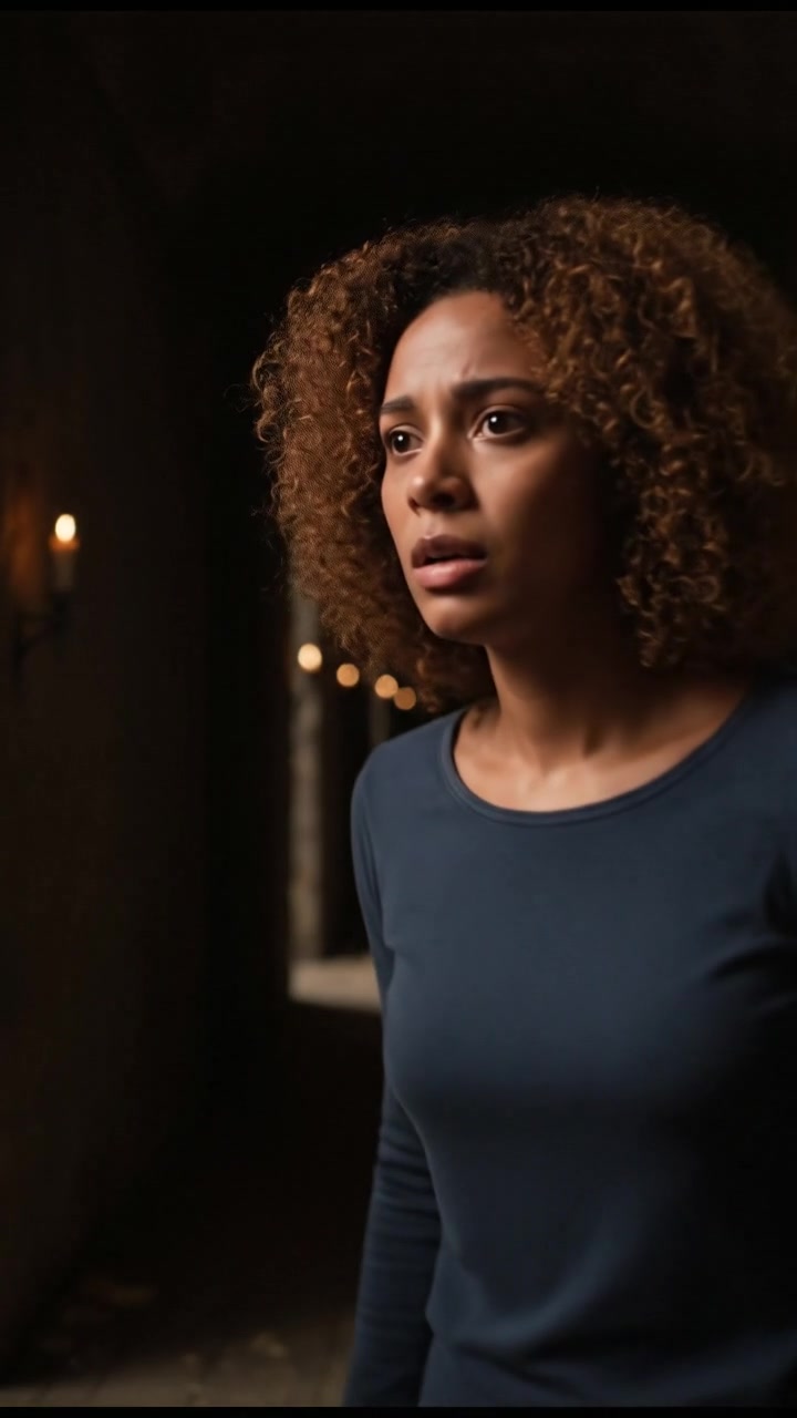 Nia looks concerned as she stands in front of a dark hallway.