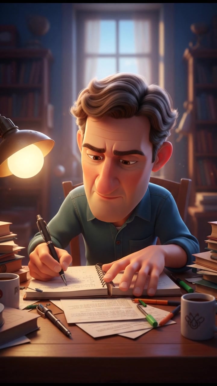 A close-up of Mark writing notes at his desk, with papers scattered around.