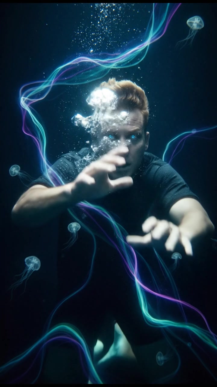 A dramatic underwater scene showing Ryan looking determined, gasping for air.
