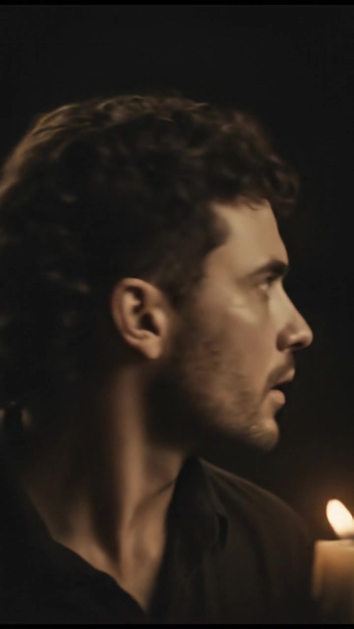 A close-up of the Mateo's startled face as he hears footsteps behind him.