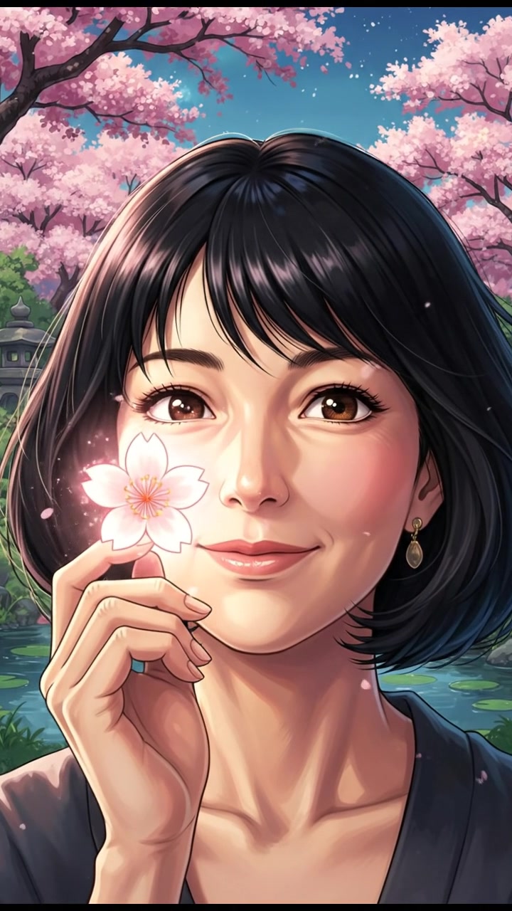 A close-up of Li's face, illuminated by soft, glowing light emanating from a cherry blossom she touches.