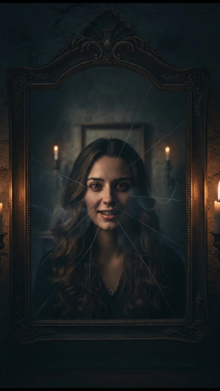 A close-up of the mirror, showing Maya's reflection slowly distorting in a sinister way.