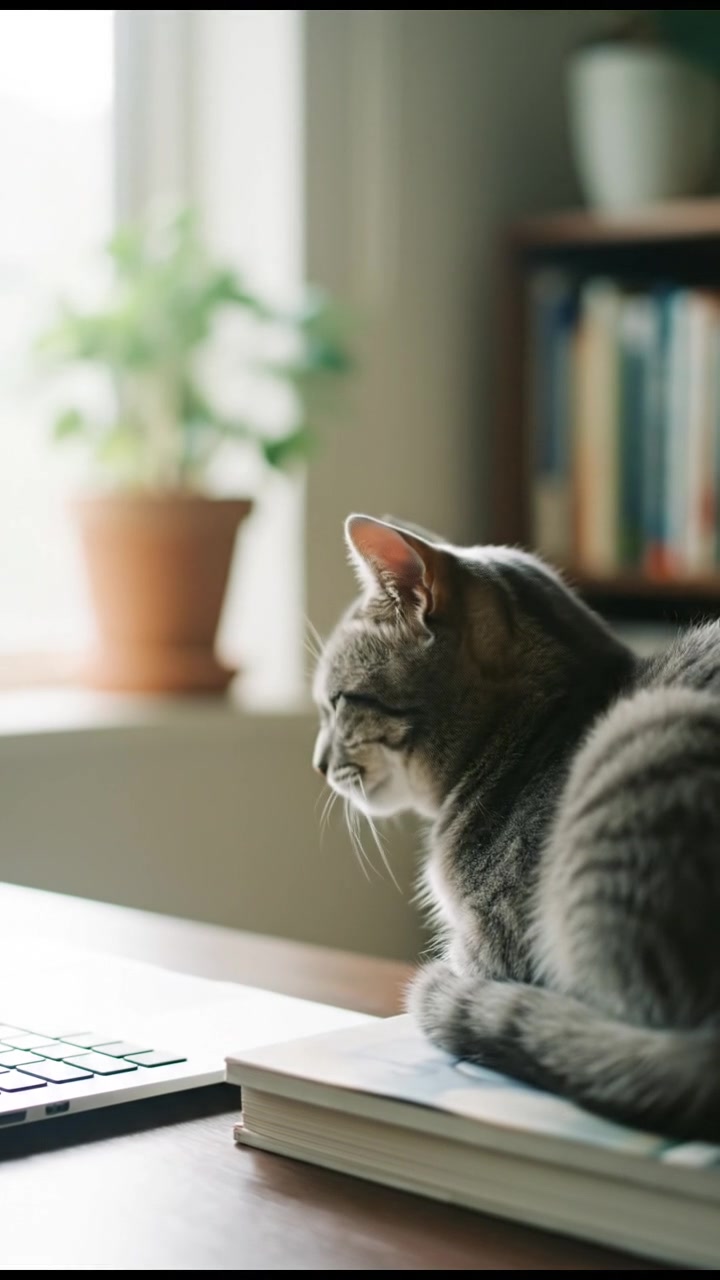A man sitting at a desk, focused on a laptop with a small gray cat nearby.