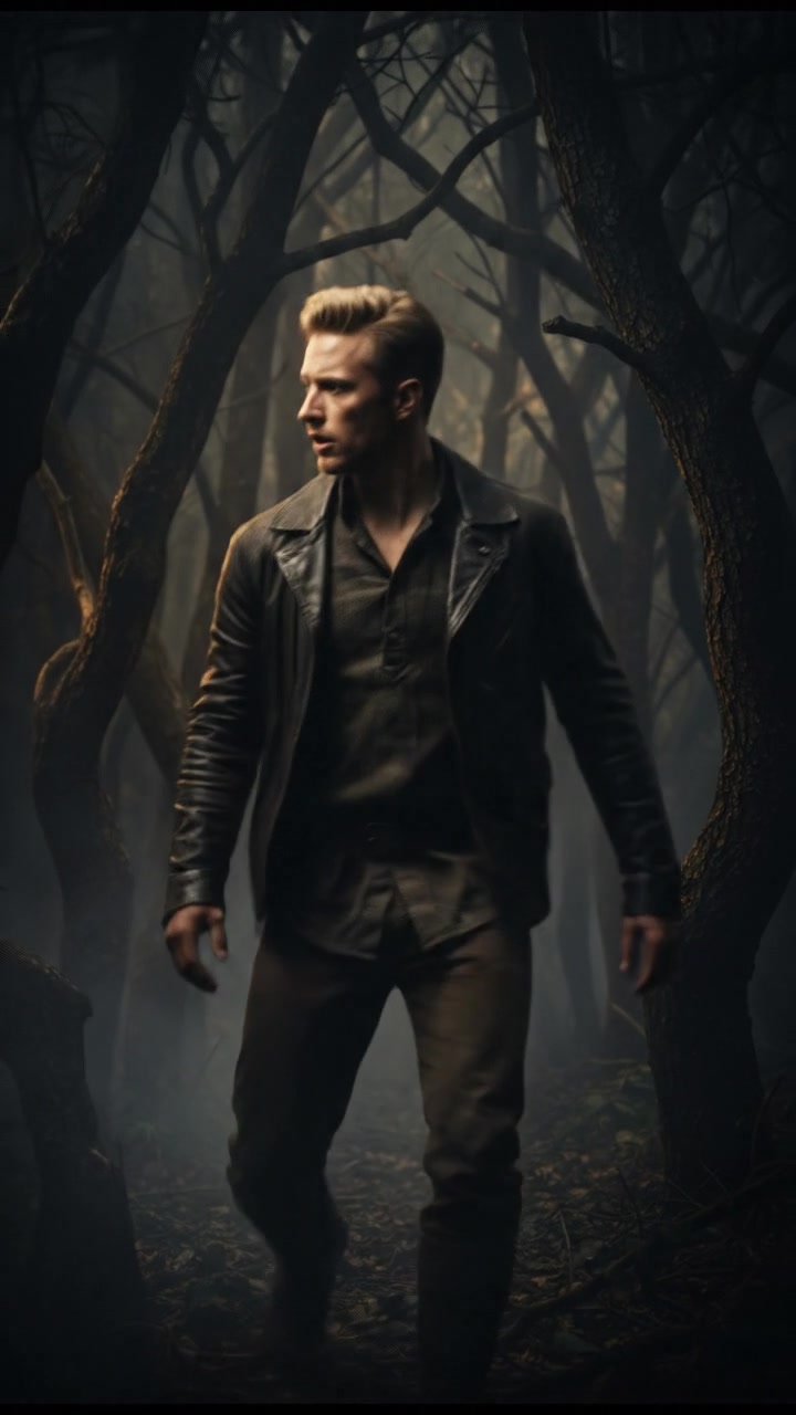 Ryan standing in a dark forest, looking around anxiously with shadows surrounding him.