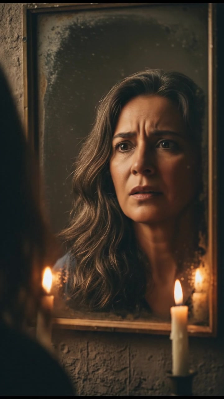 Close-up on Asha's face as she sees her reflection, an expression of confusion.