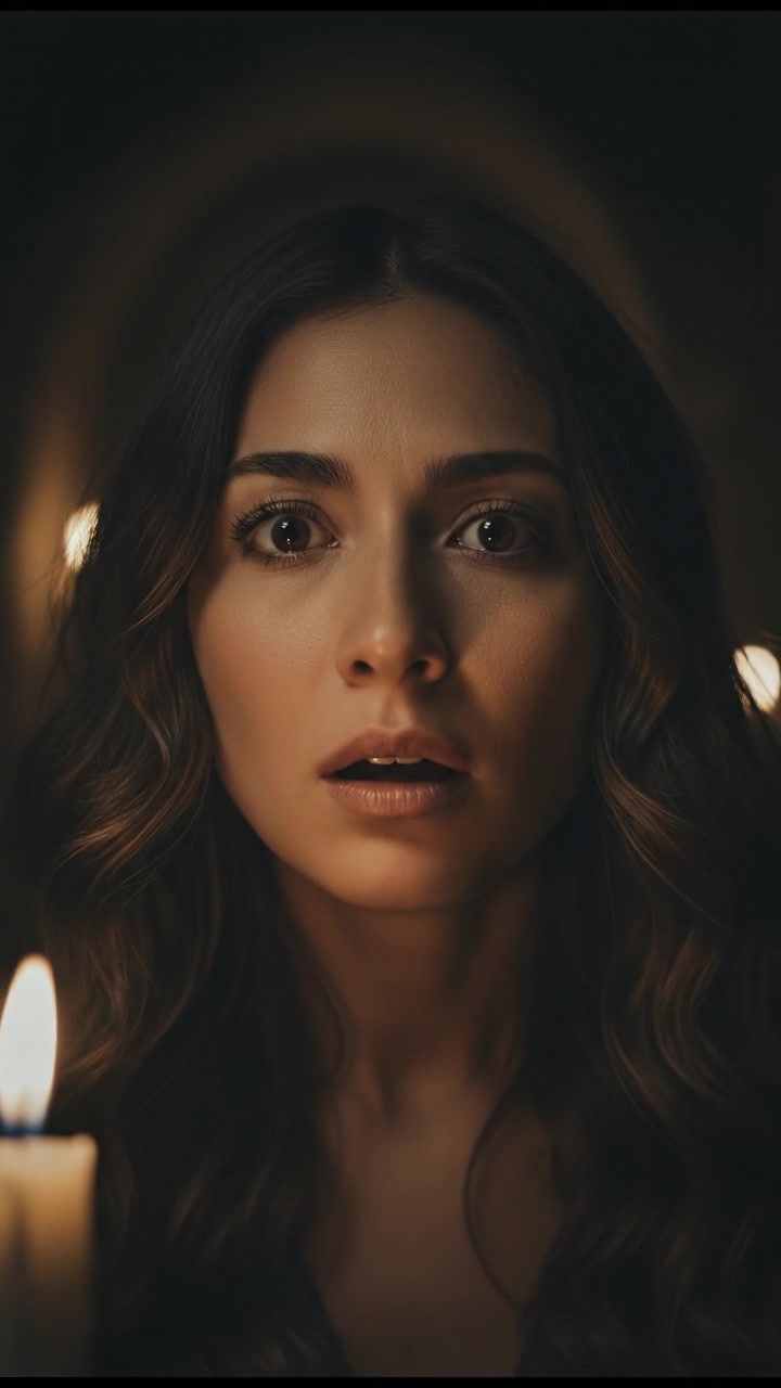 Close-up of Maya's face, her eyes wide open, expressing surprise amidst the shadows.