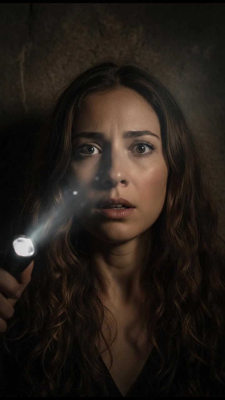 A close-up of Maya's face, with surprise and fear as her flashlight flickers.