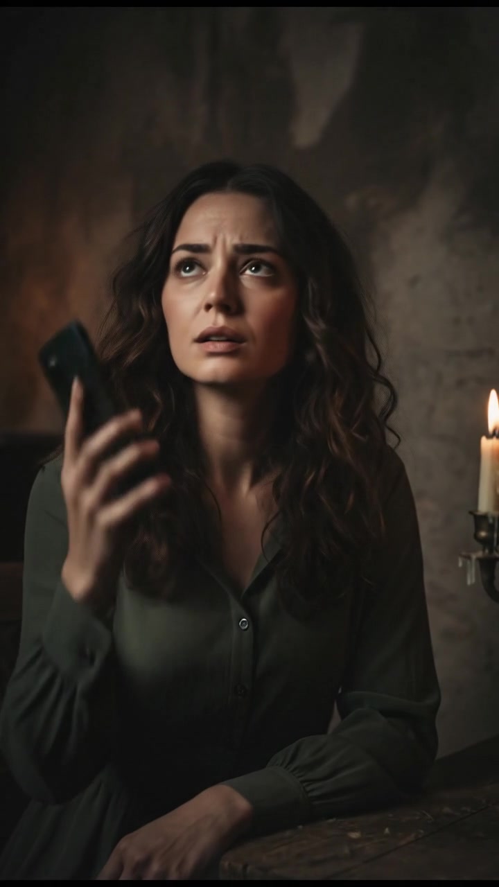 Maya holding her phone, looking anxious as she prepares to make a call.