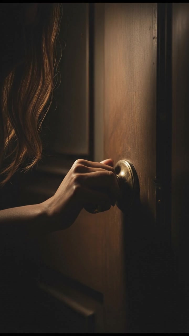 A close-up of Priya's hand gripping a doorknob tightly, displaying her trembling fingers.